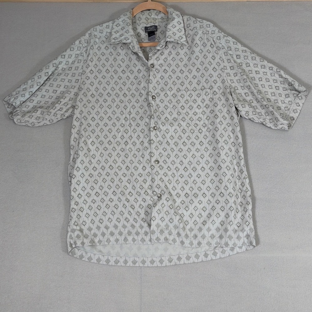 Vintage Crazy Horse Mens XL Grey Geometric Diamond Rayon Button Down Shirt
